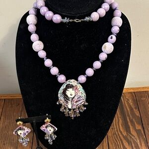 Hand painted porcelain pendant on Purple Beaded Necklace matching Earring Set